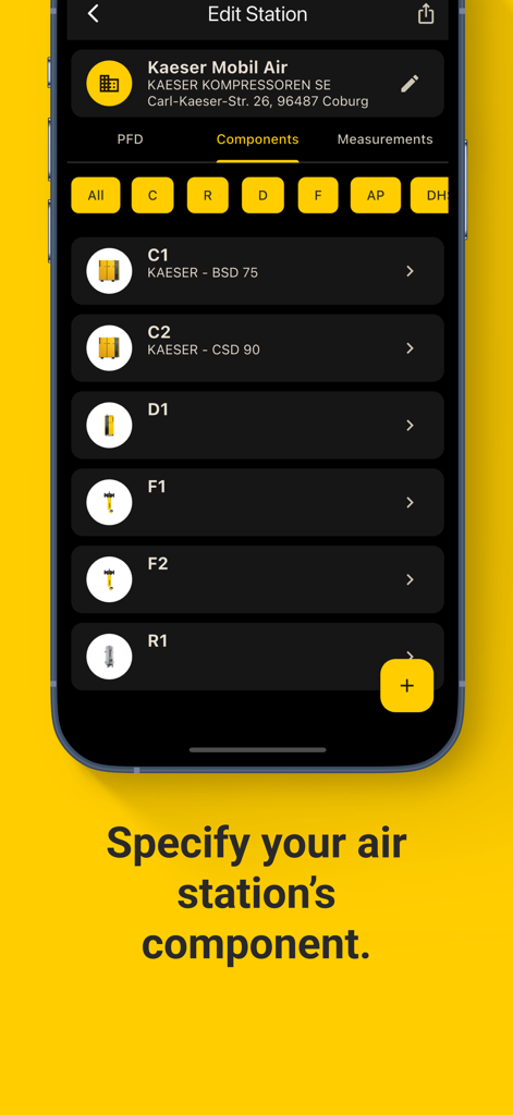 A mobile interface showing a list of compressed air station components in the Air Demand Analysis app
