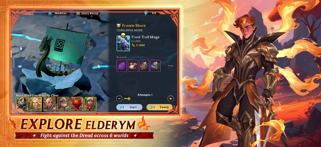 Una pantalla de menú que muestra un desafío de mazmorra llamado Costa Helada y un personaje heroico con armadura con temática de llamas de Guild of Guardians.