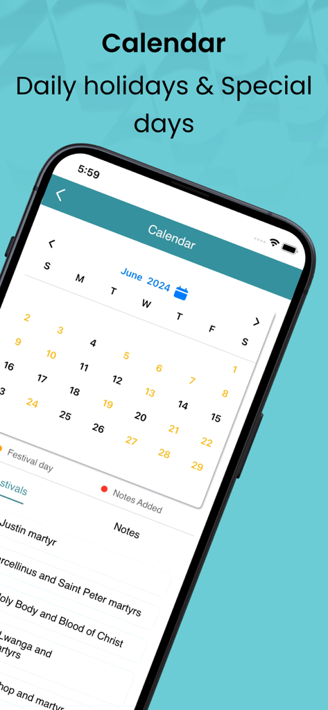 A calendar interface in the 1599 Geneva Bible app showing daily religious holidays and special days