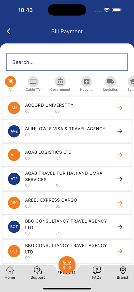 Idman Wallet - Interface de l'application mobile Idman Wallet montrant l'écran de paiement des factures avec une liste de fournisseurs de services et de catégories de paiement.