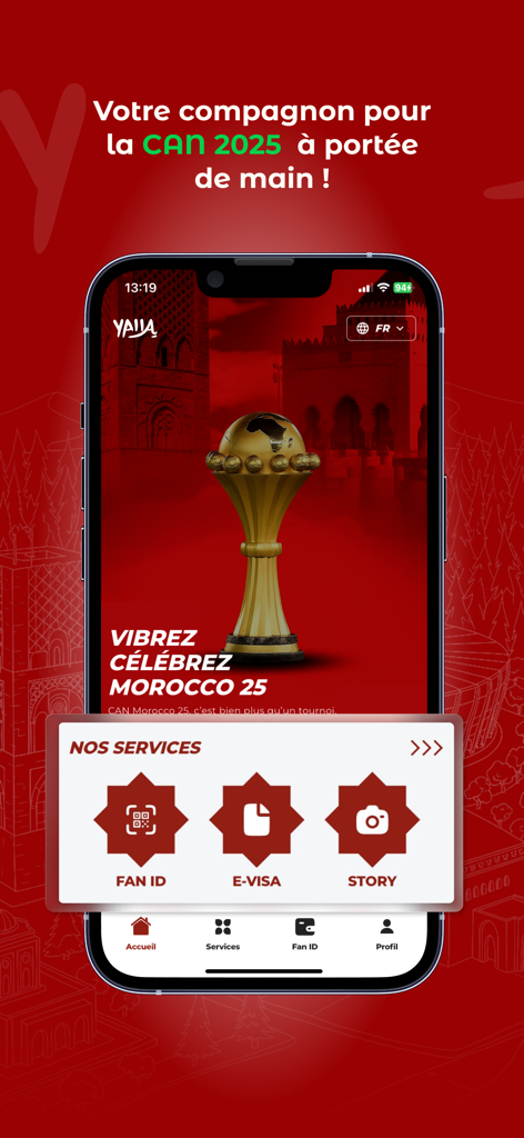 Home screen of the YALLA app for the Africa Cup of Nations 2025 in Morocco featuring Fan ID and e-Visa services