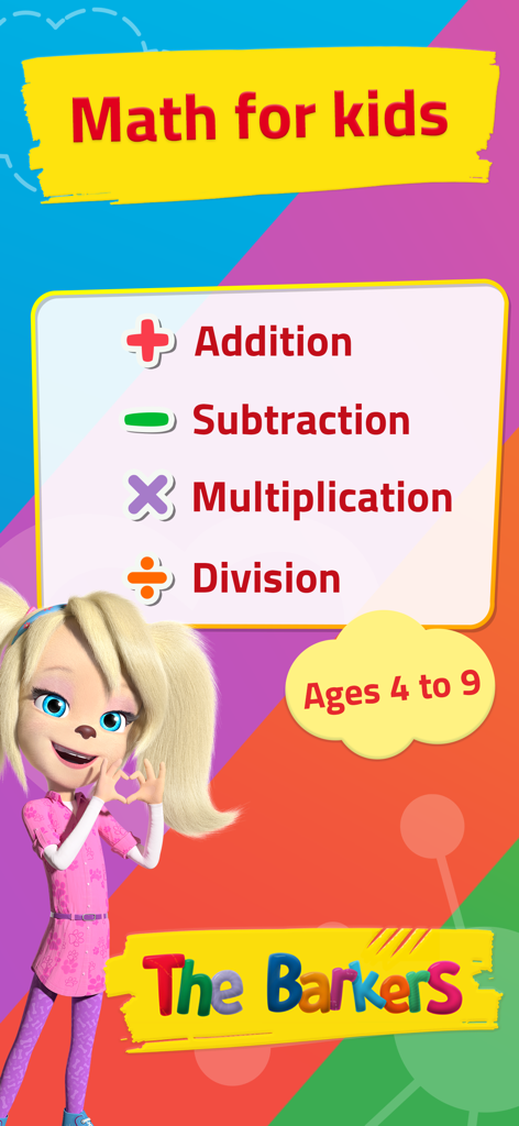 Math Learning game for kids 1C - Pädagogisches Mathespiel-Interface für Kinder mit Addition, Subtraktion, Multiplikation und Division mit einer Figur aus The Barkers