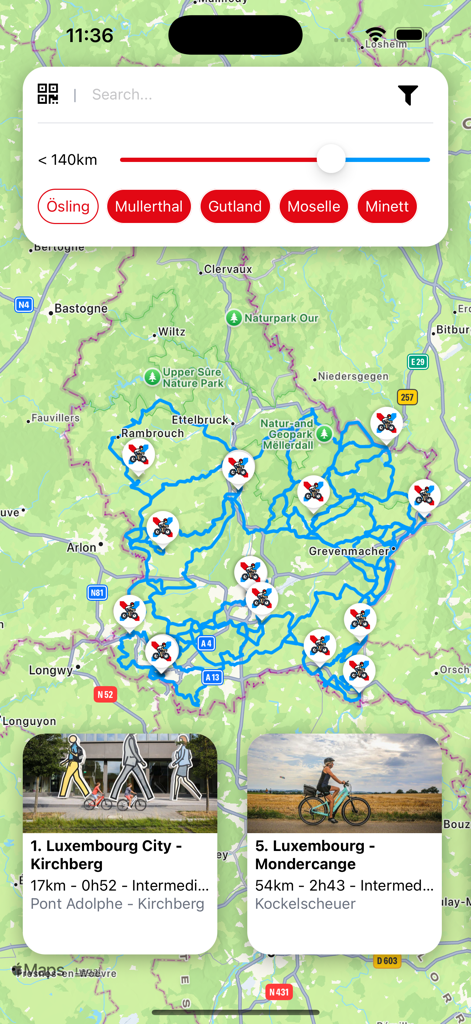 LETSBIKE - Una mappa del Lussemburgo all'interno dell'app LETSBIKE che visualizza vari percorsi ciclabili e filtri di navigazione.
