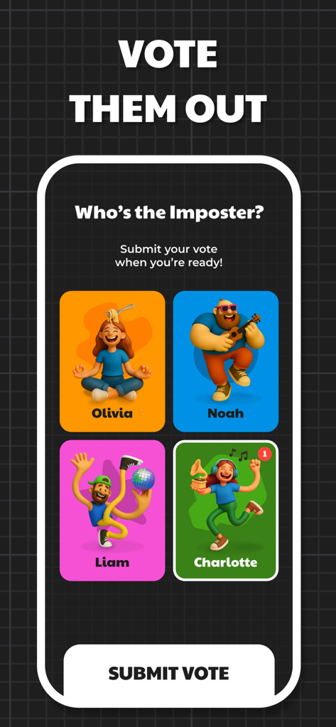 A mobile app interface for the Fakeit party game where players vote to identify the imposter among friends