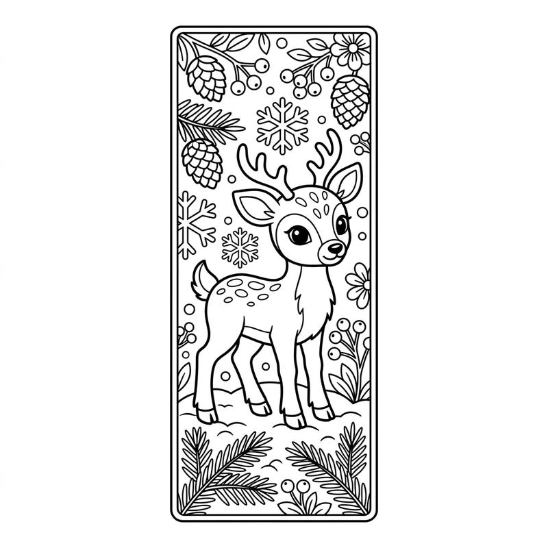 Embark on a cozy coloring adventure with this delightful reindeer calf bookmark, nestled amidst a festive winter forest. This charming design is perfect for marking your spot in any book with a touch of seasonal cheer.