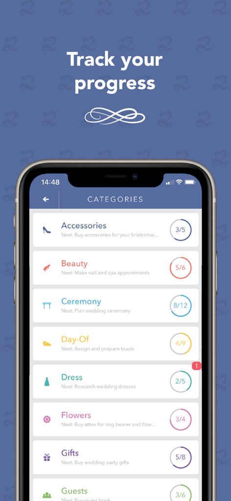 Application mobile Wedding Planner montrant des listes de tâches catégorisées et la progression de l'achèvement.