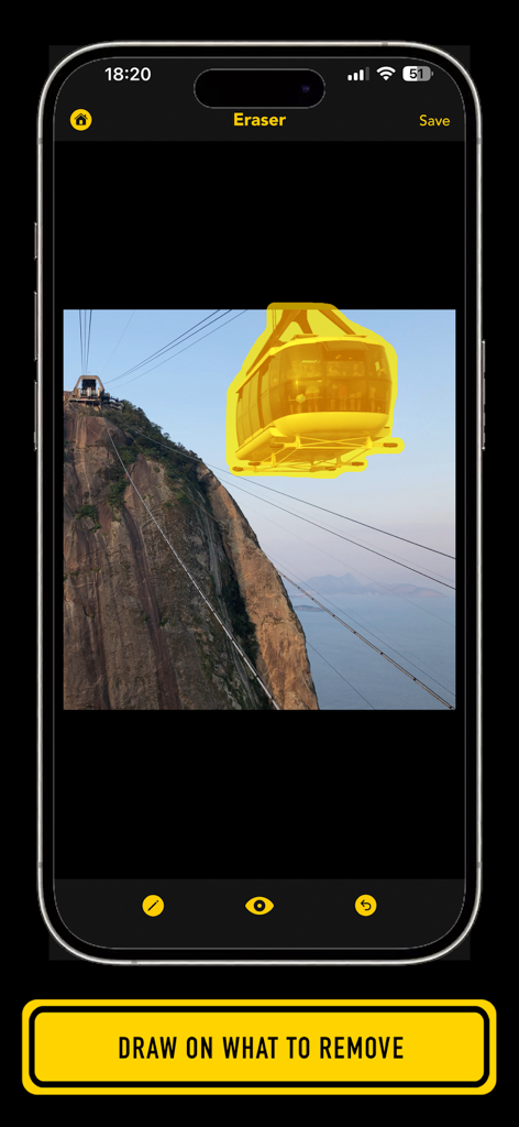 Lama fiXing 앱 인터페이스가 풍경 사진에서 제거를 위해 노란색 브러시로 케이블카를 강조 표시하는 것을 보여줍니다.