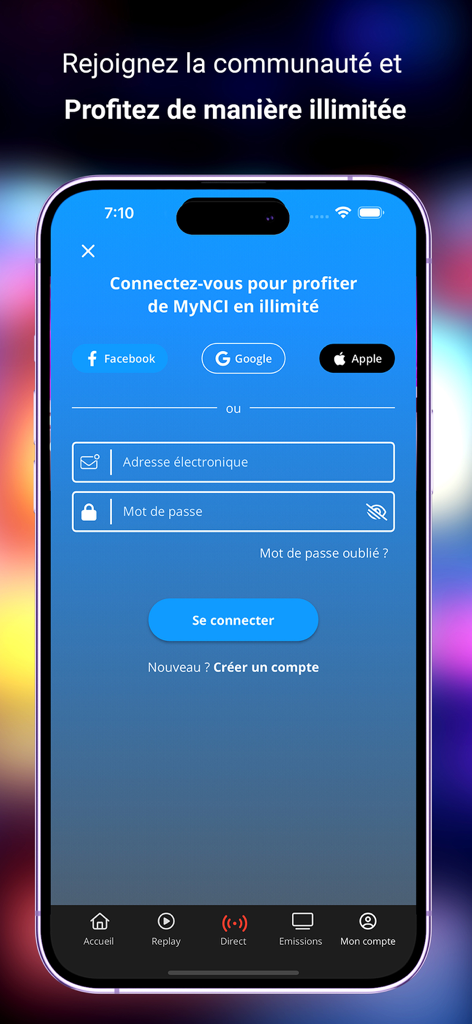 Login screen for the My NCI TV app with social media and email sign in options