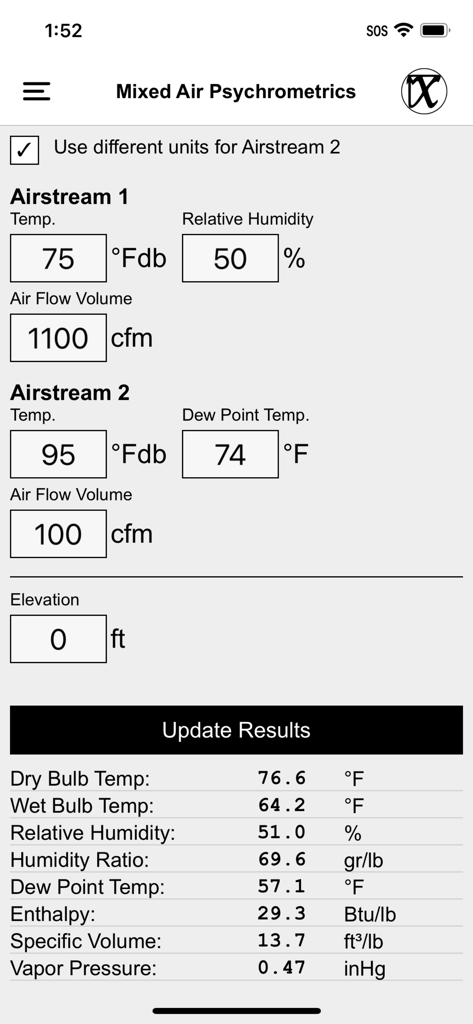 Mixed Air Psychrometrics calculator interface with temperature and humidity inputs for two air streams and technical results table