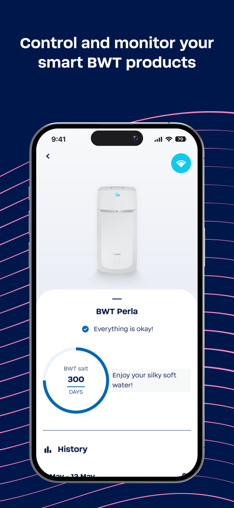 BWT Best Water App interface showing monitoring status for a BWT Perla water softener.