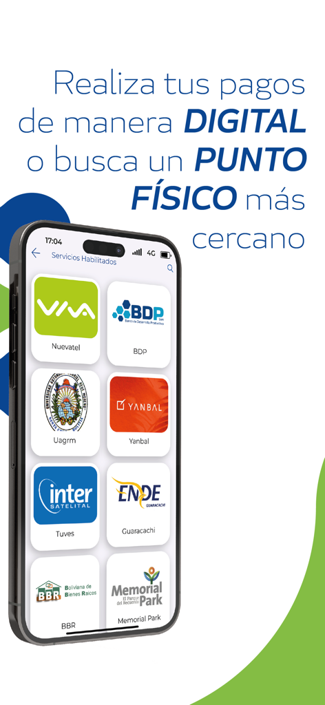 Mis Cuentas Bolivia - Interfaccia dell'app Mis Cuentas Bolivia che mostra un elenco di fornitori di servizi per il pagamento digitale delle bollette