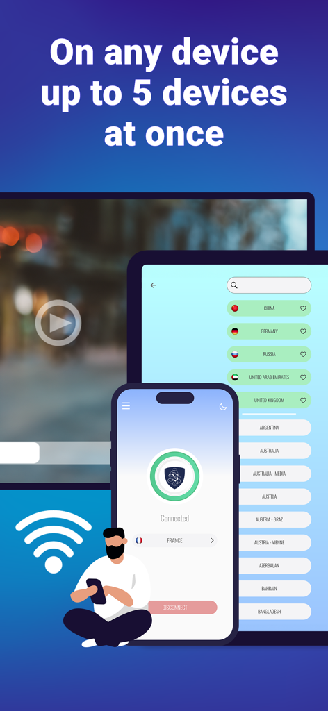 Le VPN: Fast & Secure - Le VPN app interface showing protection for up to five devices simultaneously