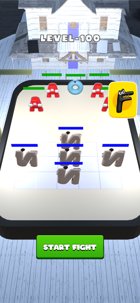 Merge Alphabet Lore A-Z - Gameplay screen of Merge Alphabet Lore A-Z showing letter characters on a battlefield at level 100