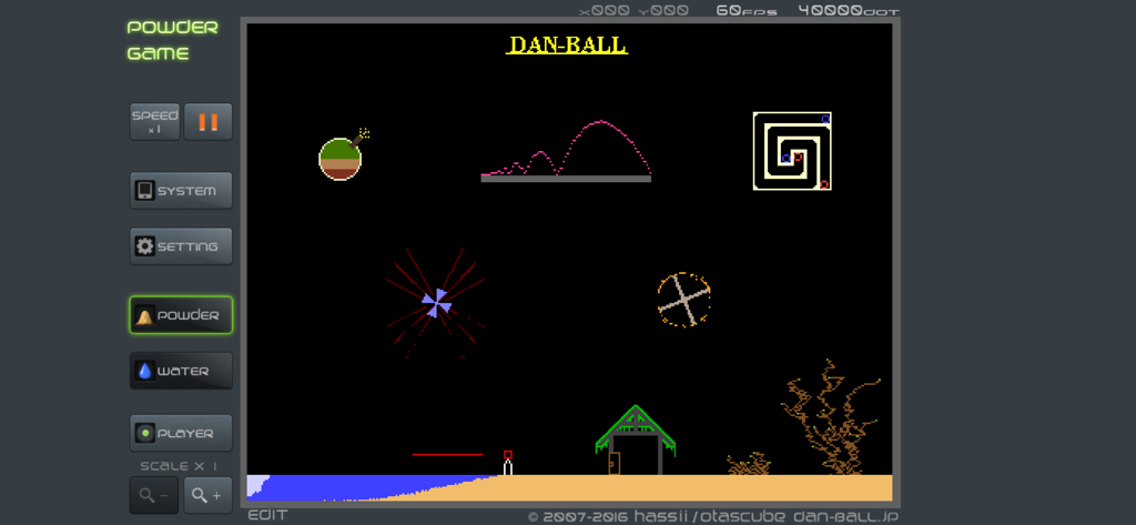A gameplay screenshot of Powder Game showing various physics elements and a retro user interface on a dark background
