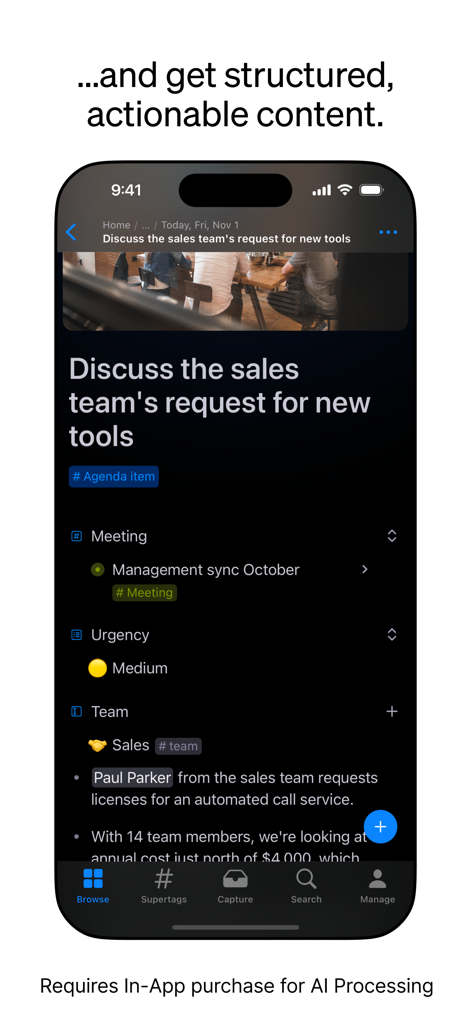 Tana – notes, AI, voice memos - Tana app screenshot showing a structured note for a sales team meeting with tags and action items