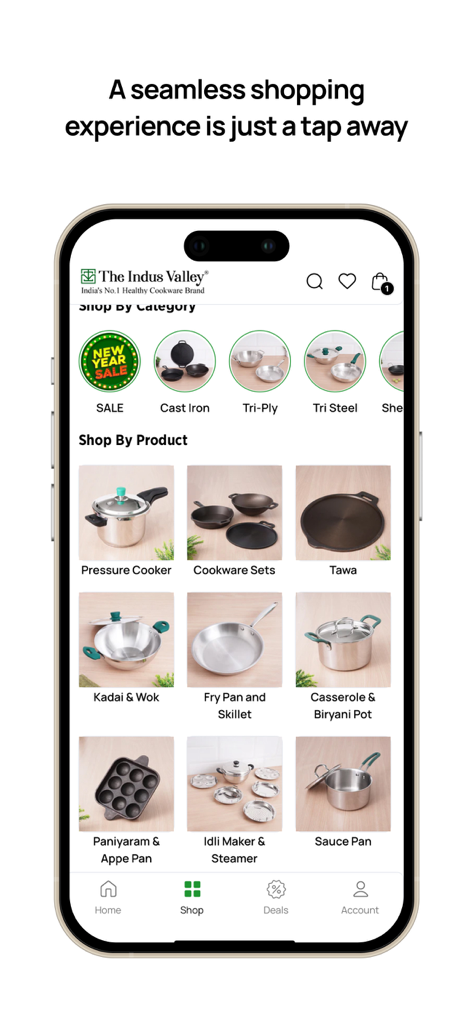 Indus Valley mobile app showing categories for cast iron tri-ply and stainless steel cookware products