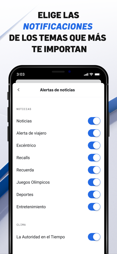 Mobile app screen showing news alert and weather notification settings in Spanish