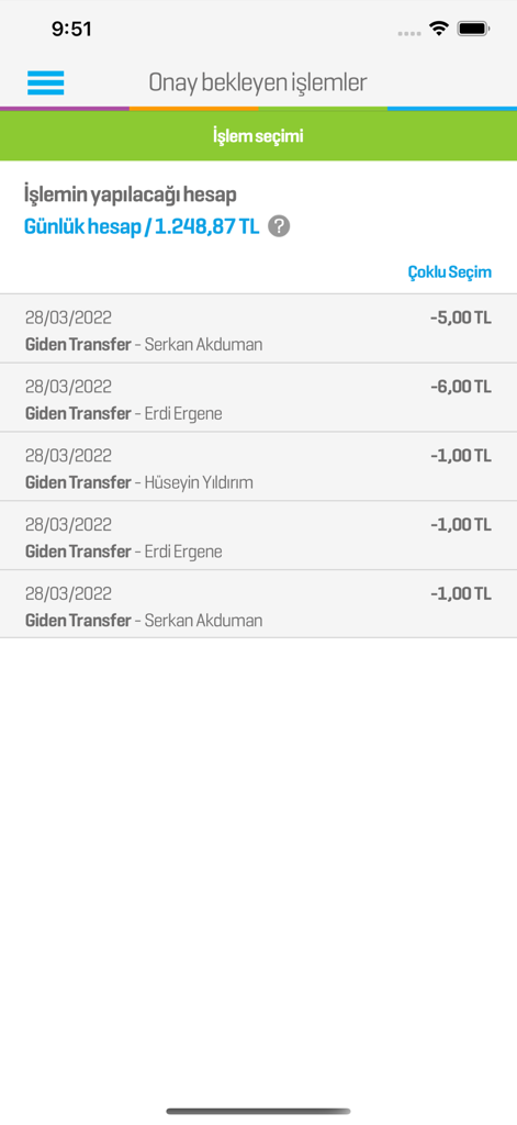 Enpara Bank mobile app screen displaying a list of outgoing transfers pending approval for business accounts.