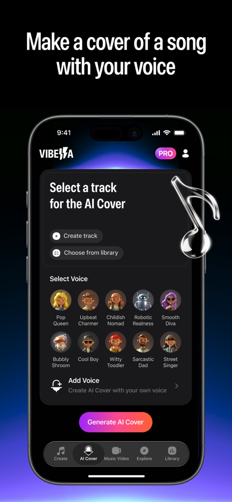 Vibella: AI Music & Song Maker - Vibella mobile app screen for creating AI song covers with various voice options and track selection