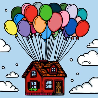house floating from lots of balloons