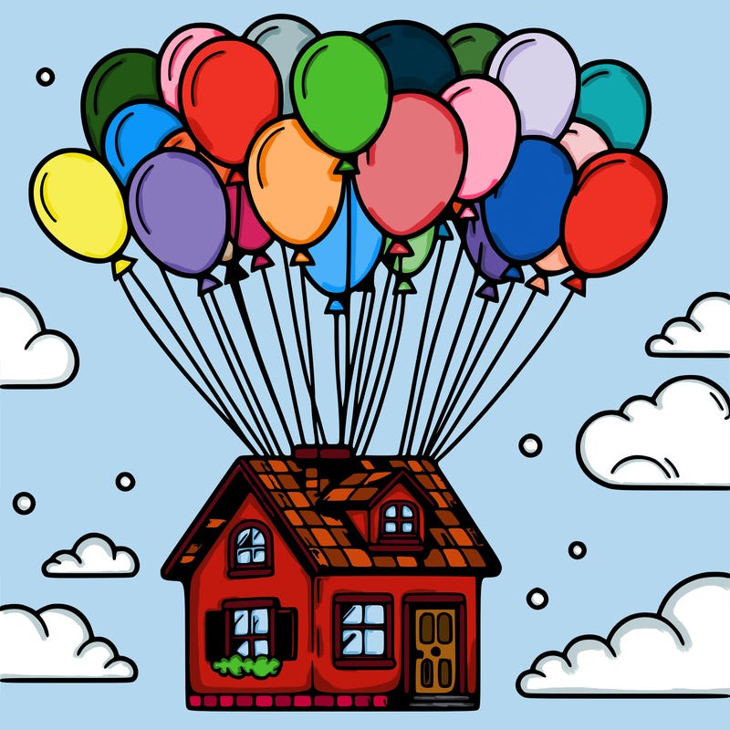 house floating from lots of balloons