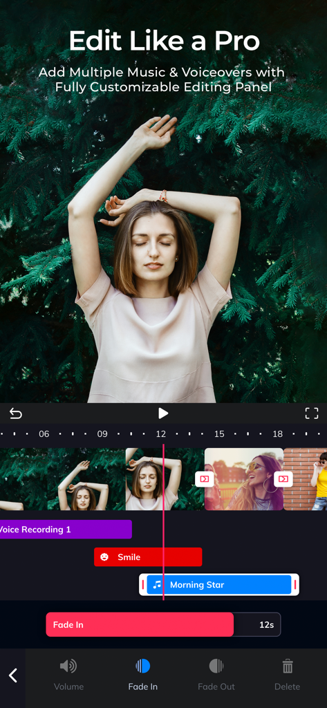 Add Music to Video‎‎‏‏‎ ‎ - Mobile app interface for editing videos with multiple audio tracks and music fade controls