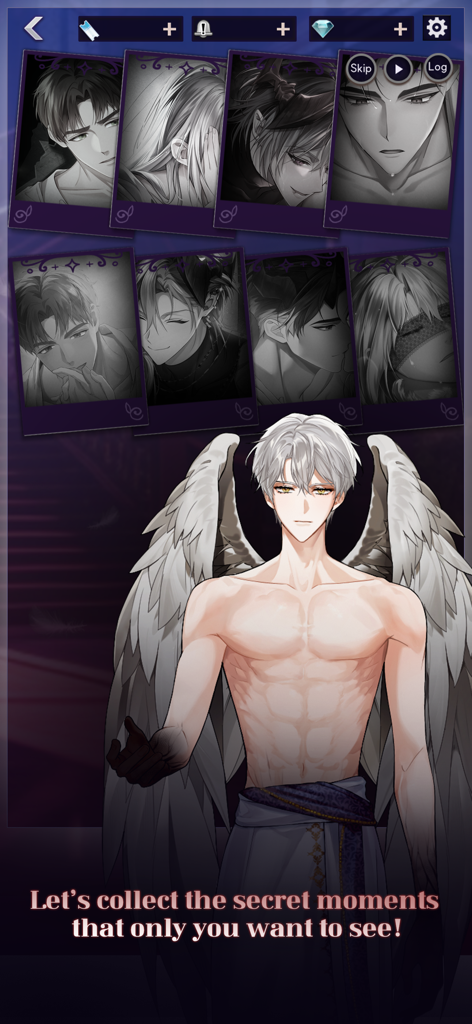 Fallen Angel's Kiss: Romance - A shirtless angel character with white wings featured below several collectible character cards from the Fallen Angel's Kiss romance game.