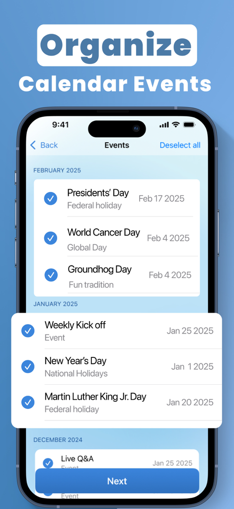 Aura Cleaner: Clean Up Storage - Pantalla de la aplicación Aura Cleaner mostrando una lista de eventos del calendario con opciones de selección para limpieza y organización.