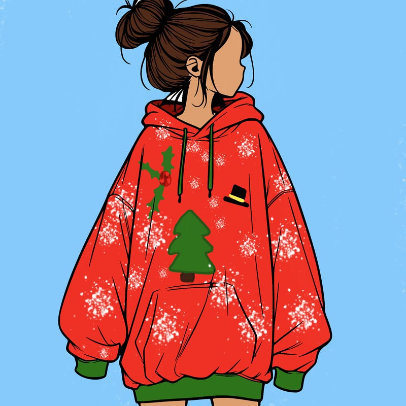 realistic girl with a oversized sweatshirt on and a bun