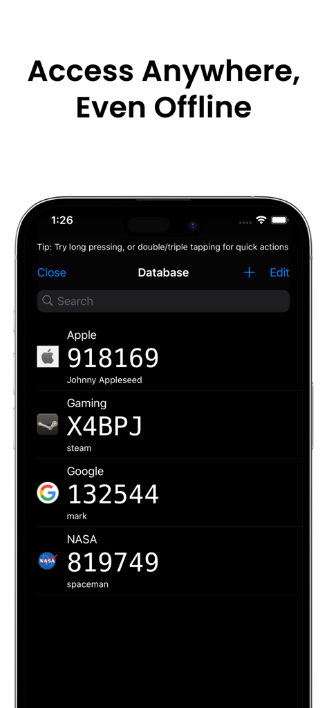 Strongbox - Password Manager - Gestionnaire de mots de passe Strongbox affichant une liste de codes TOTP 2FA en mode sombre sur un iPhone