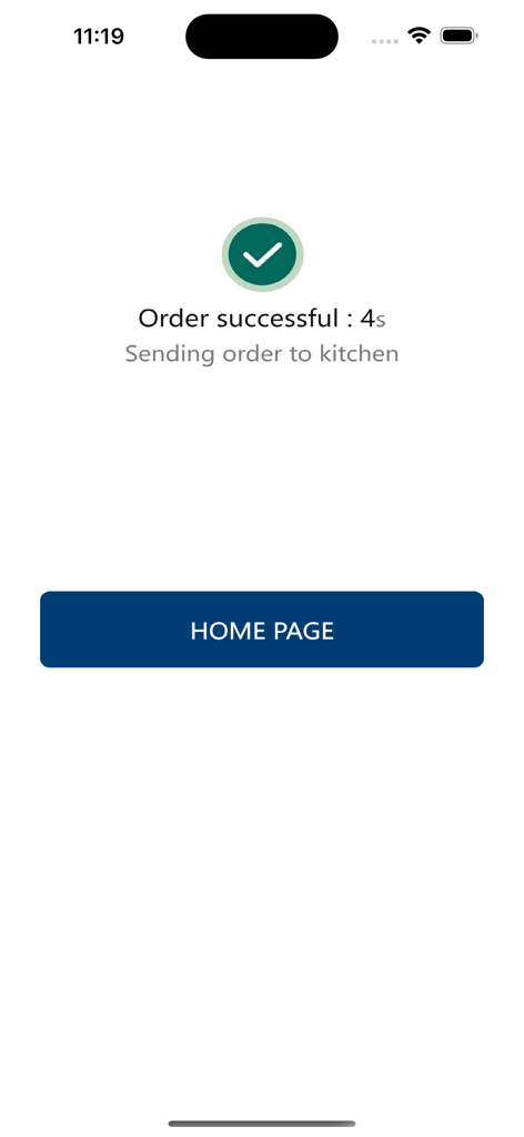 TK Waiter app interface displaying an order successful confirmation message with a sending order to kitchen notification