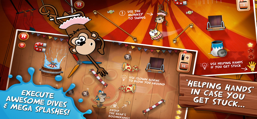 Drop The Chicken 2 The Circus - Physics puzzle gameplay screenshots of Drop The Chicken 2 The Circus with cartoon circus characters