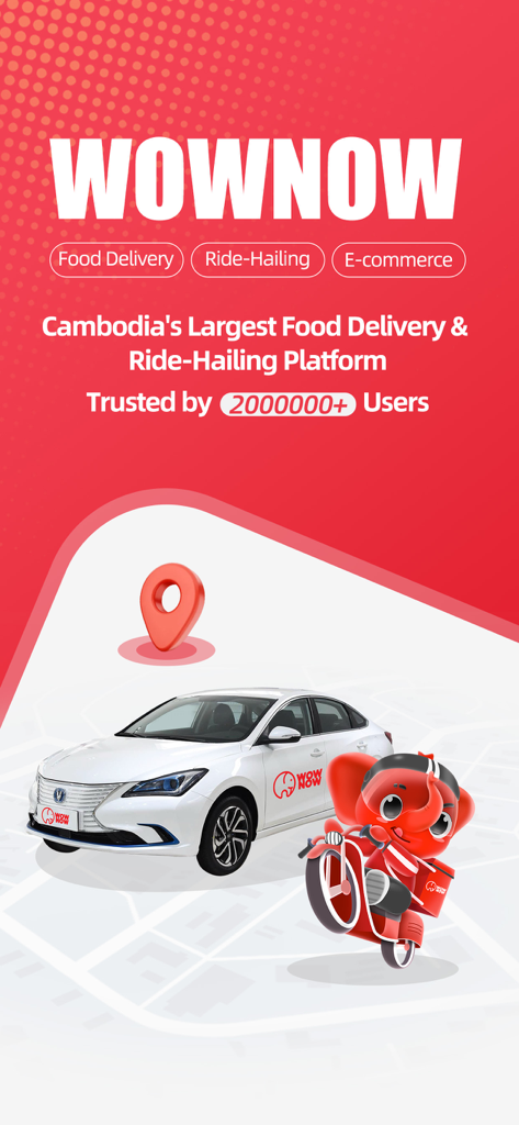 WOWNOW promotional graphic showing a white car and a red elephant mascot on a scooter for food delivery and ride-hailing services in Cambodia