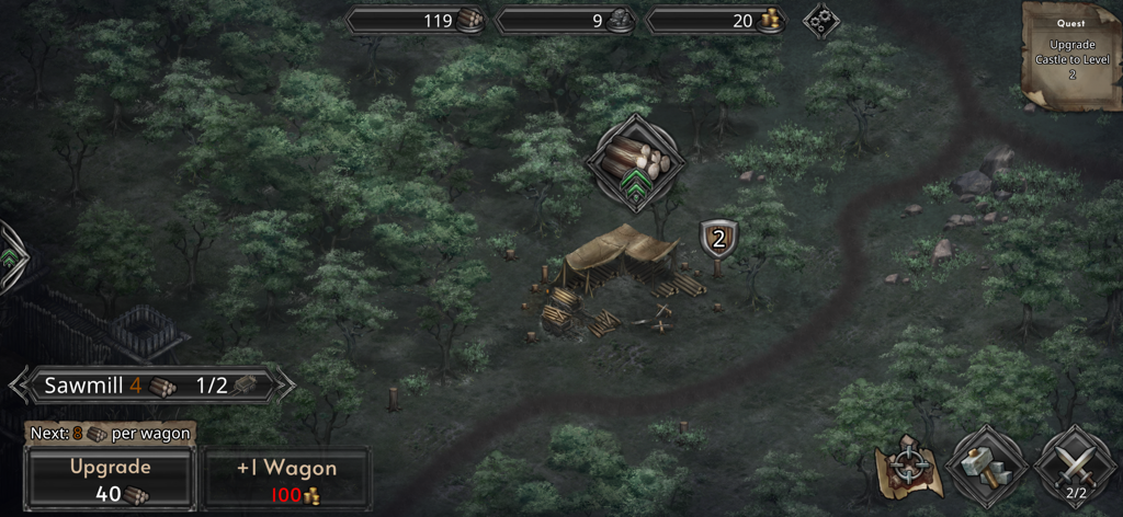 Champions of Avan - Idle RPG - Tela de jogabilidade de Champions of Avan mostrando uma serraria para coleta de madeira em uma floresta de fantasia sombria.