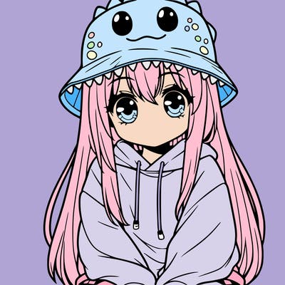 girl with anime shaped eyes with a dinosaur bucket hat oversized sweatshirt long straight hair