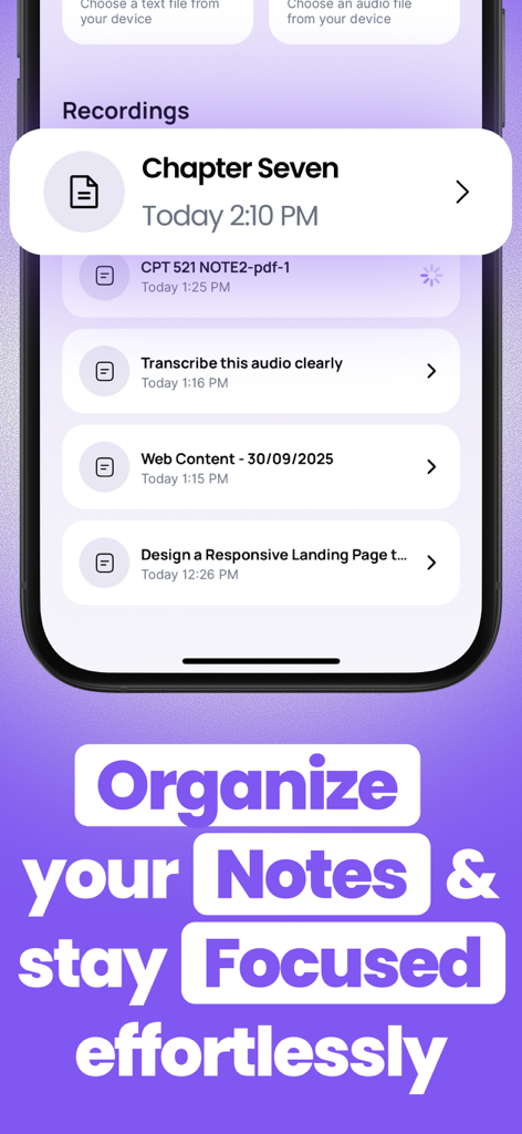 Summary AI Note Taker: NoteGPT - A mobile interface of the NoteGPT app showing a list of organized audio recordings and transcripts.