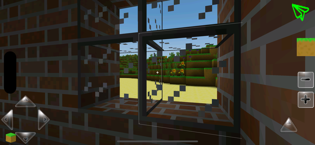 A view from inside a brick house looking through a glass window at a landscape with blocks and flowers in a sandbox game