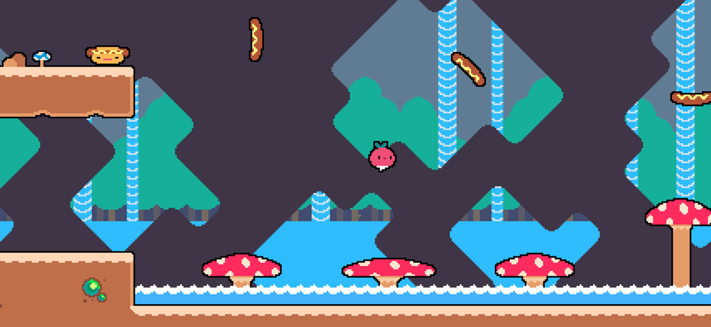 Dadish - A pink radish character jumping in a retro pixel art level with mushrooms and falling hot dog enemies