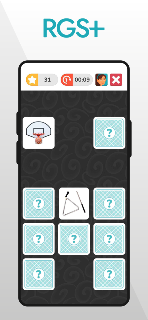 Interfaz de la aplicación móvil RGS plus que muestra un juego de memoria para la rehabilitación neurológica