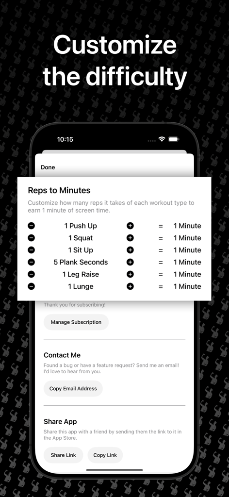 Interface pour personnaliser le nombre de répétitions d'exercices requis pour gagner des minutes de temps d'écran.