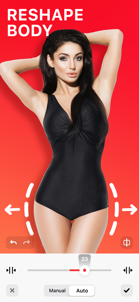 Mobile app interface of Body Tune showing the reshape body feature on a woman in a black swimsuit with editing sliders