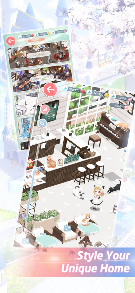 Love Nikki-Dress UP Queen - Ein Screenshot, der die Innenarchitekturfunktion in Love Nikki Dress Up Queen mit einem Katzen-Café-Thema und anpassbaren Möbeln zeigt