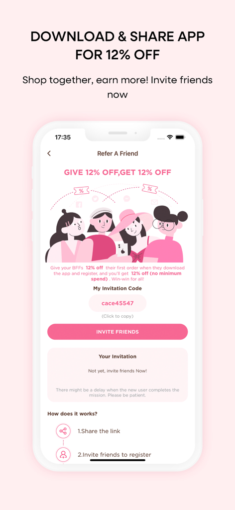 Pantalla de la app JJ's House que muestra el programa de referidos con una oferta de descuento del doce por ciento por compartir la app con amigos.