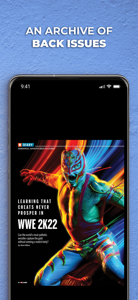 Smartphone screen displaying a digital magazine article about WWE 2K22 from the PC Gamer back issues archive.