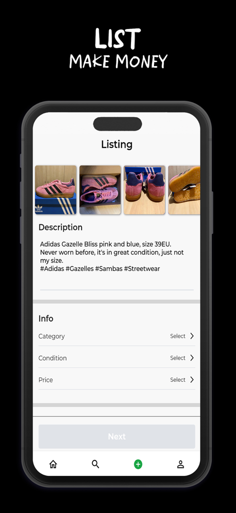 Freak | Fashion Marketplace - A mobile app screen for listing items on the Freak fashion marketplace featuring pink sneakers.