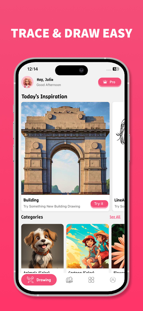 Drawing Sketch & Paint - Home screen of the Drawing Sketch and Paint app showing various drawing categories and inspiration