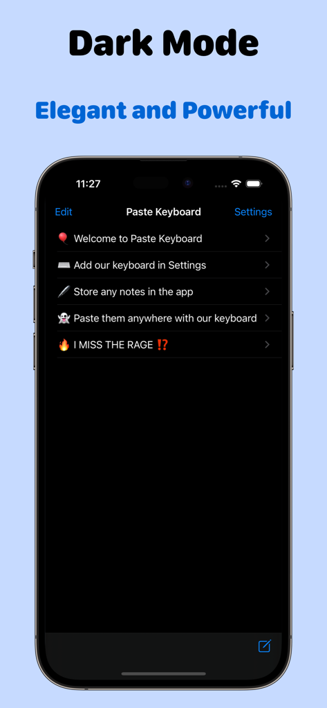 Copy Paste Keyboard: Auto Text - Captura de pantalla de la interfaz de la aplicación Copy Paste Keyboard mostrando el tema del modo oscuro y una lista de fragmentos de texto guardados en un iPhone.