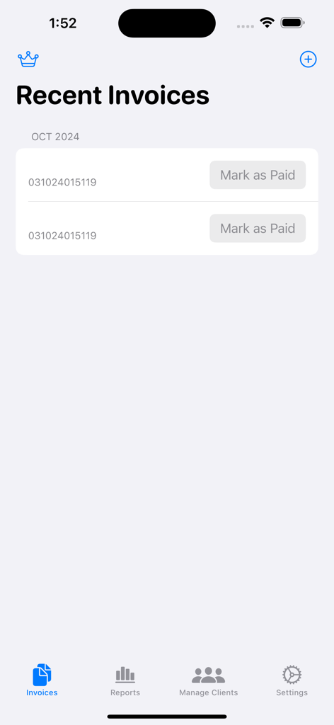 支払い済みとしてマークするためのボタンとナビゲーションメニューが表示された、最近の請求書のリストを示すモバイルアプリインターフェース。