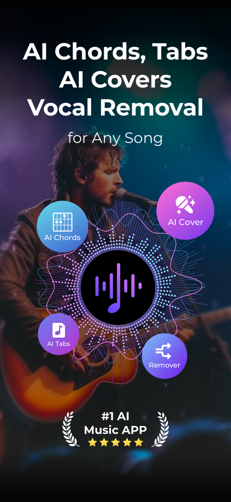 Lamucal app interface showing AI music features like chords tabs covers and vocal removal