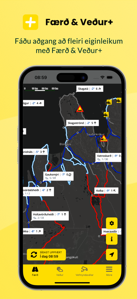 Une interface de carte mobile montrant les conditions routières en temps réel et les mises à jour météorologiques en Islande